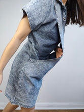 Load image into Gallery viewer, The Acid Wash Mini Denim Dress | Vintage 90s blue jeans diamonds spring summer mini dungaree dress S
