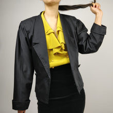Load image into Gallery viewer, Vintage black blazer with belt waist band and puffed balloon sleeves from the vintage takeaway online women fashion shop
