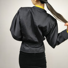 Load image into Gallery viewer, Vintage black blazer with belt waist band and puffed balloon sleeves from the vintage takeaway online women fashion shop
