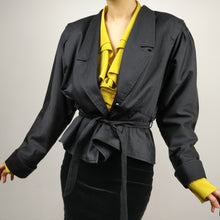 Load image into Gallery viewer, Vintage black blazer with belt waist band and puffed balloon sleeves from the vintage takeaway online women fashion shop
