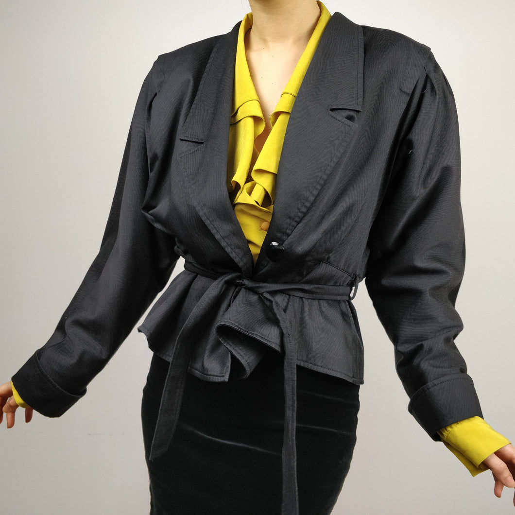Vintage black blazer with belt waist band and puffed balloon sleeves from the vintage takeaway online women fashion shop