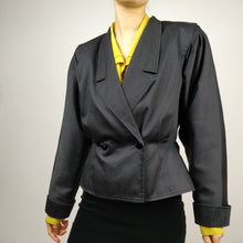 Load image into Gallery viewer, Vintage black blazer with belt waist band and puffed balloon sleeves from the vintage takeaway online women fashion shop
