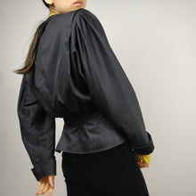 Load image into Gallery viewer, Vintage black blazer with belt waist band and puffed balloon sleeves from the vintage takeaway online women fashion shop
