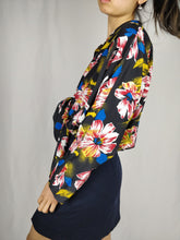Load image into Gallery viewer, Vintage floral dark black and red hibiscus flowers print blouse with front tie from the vintage takeaway online vintage women fashion shop
