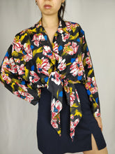 Load image into Gallery viewer, Vintage floral dark black and red hibiscus flowers print blouse with front tie from the vintage takeaway online vintage women fashion shop

