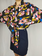 Load image into Gallery viewer, Vintage floral dark black and red hibiscus flowers print blouse with front tie from the vintage takeaway online vintage women fashion shop
