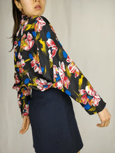 Load image into Gallery viewer, Vintage floral dark black and red hibiscus flowers print blouse with front tie from the vintage takeaway online vintage women fashion shop
