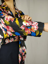 Load image into Gallery viewer, Vintage floral dark black and red hibiscus flowers print blouse with front tie from the vintage takeaway online vintage women fashion shop
