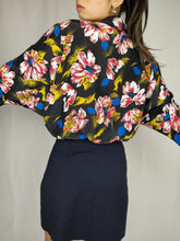 Load image into Gallery viewer, Vintage floral dark black and red hibiscus flowers print blouse with front tie from the vintage takeaway online vintage women fashion shop
