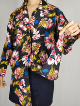 Load image into Gallery viewer, Vintage floral dark black and red hibiscus flowers print blouse with front tie from the vintage takeaway online vintage women fashion shop
