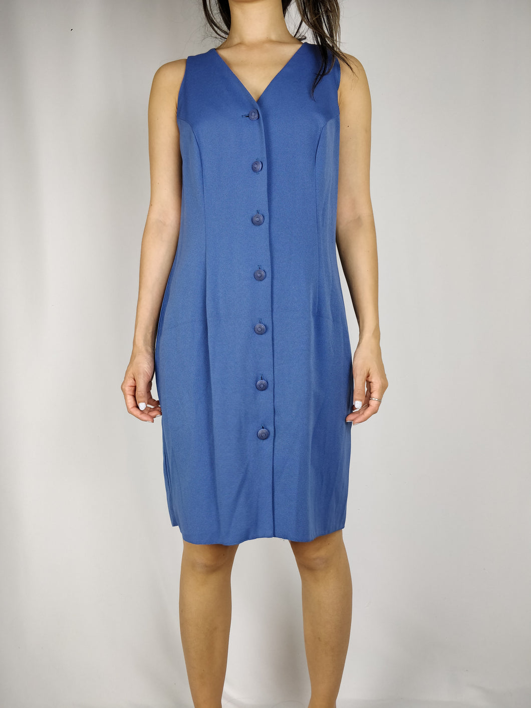 Das blaue Teekleid | Vintage Wallis ärmelloses Button-Down-Hemdkleid mittellang S UK12