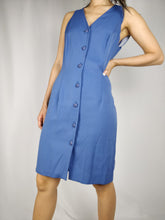 Load image into Gallery viewer, The Blue Tea Dress | Vintage Wallis sleeveless button down shirt dress mid length S UK12
