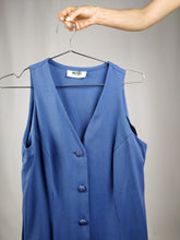 Lade das Bild in den Galerie-Viewer, Das blaue Teekleid | Vintage Wallis ärmelloses Button-Down-Hemdkleid mittellang S UK12
