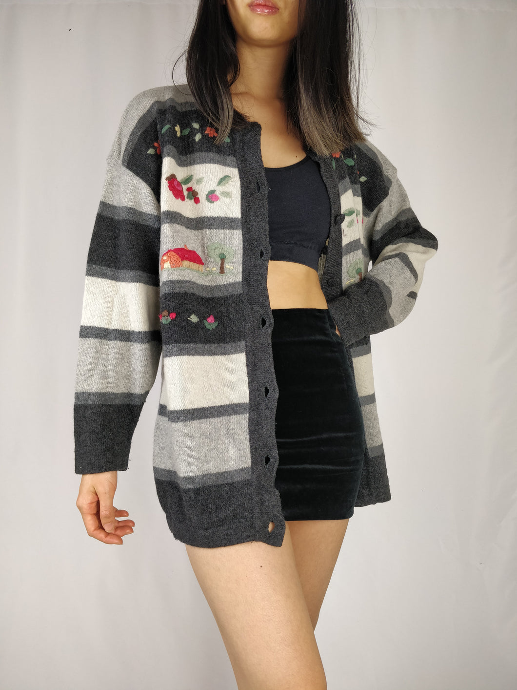 The Grey Days | Vintage wool embroidery stripe knit cardigan sweater M-L