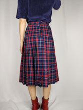 Load image into Gallery viewer, The Navy Red Tartan Skirt | Vintage checker plaid pleated kilt midi A line skirt XS
