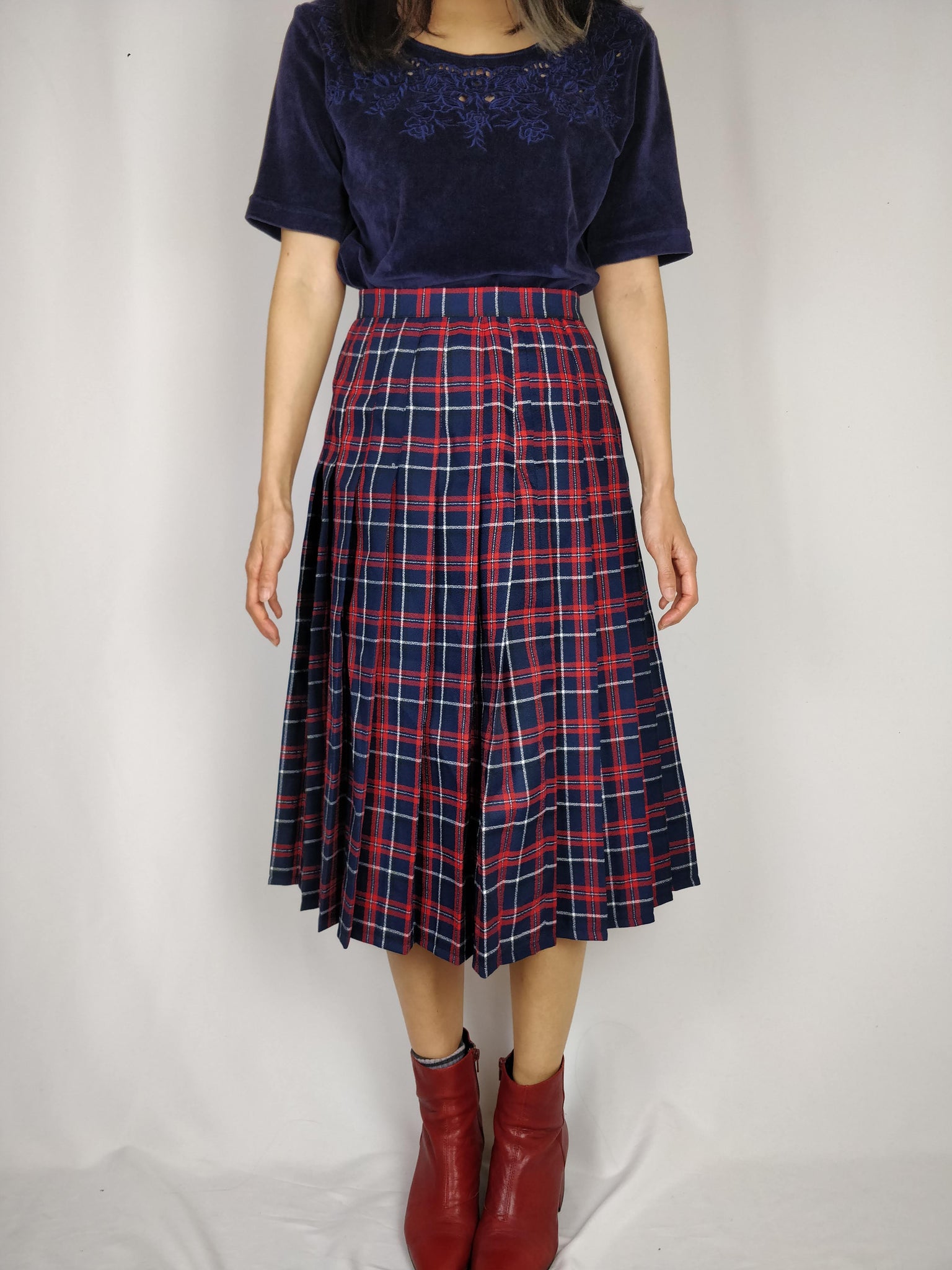 The Navy Red Tartan Skirt Vintage checker plaid pleated kilt