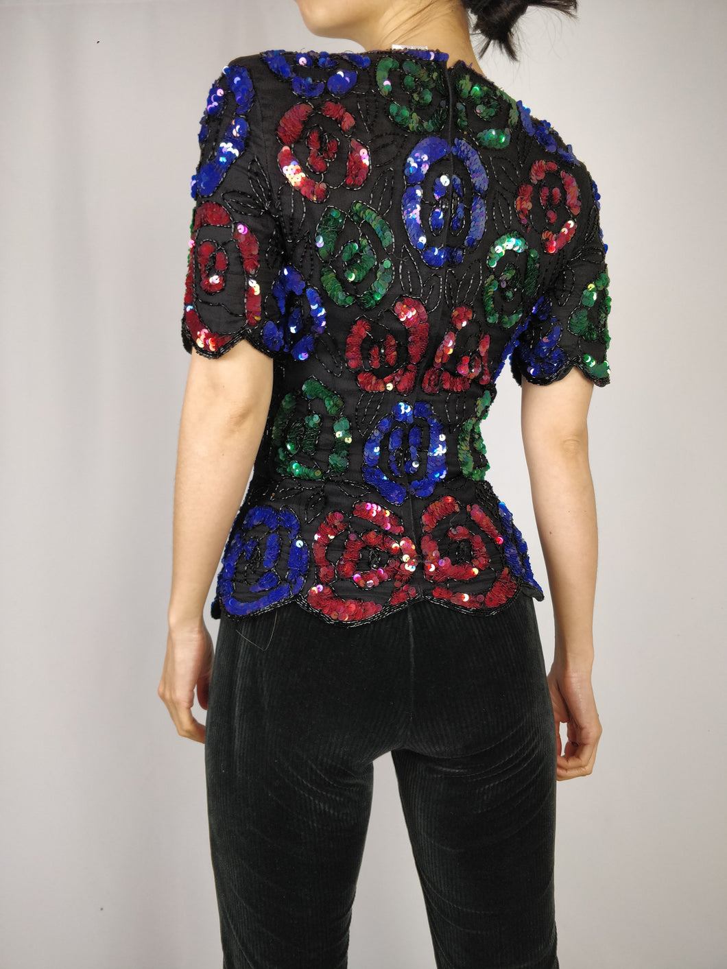 The Floral Sequin | Vintage 80s pailletten silk top Stenary XS