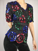 Load image into Gallery viewer, The Floral Sequin | Vintage 80s pailletten silk top Stenary XS
