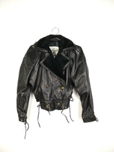 Load image into Gallery viewer, The Black Cub | Vintage real leather faux fur collar cropped lace up biker jacket S
