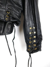Load image into Gallery viewer, The Black Cub | Vintage real leather faux fur collar cropped lace up biker jacket S
