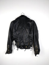 Load image into Gallery viewer, The Black Cub | Vintage real leather faux fur collar cropped lace up biker jacket S
