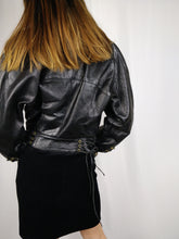 Load image into Gallery viewer, The Black Cub | Vintage real leather faux fur collar cropped lace up biker jacket S
