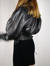 Load image into Gallery viewer, The Black Cub | Vintage real leather faux fur collar cropped lace up biker jacket S
