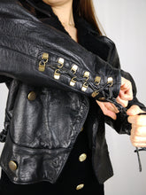 Load image into Gallery viewer, The Black Cub | Vintage real leather faux fur collar cropped lace up biker jacket S
