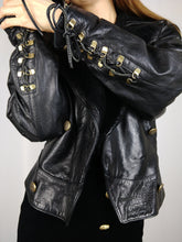 Load image into Gallery viewer, The Black Cub | Vintage real leather faux fur collar cropped lace up biker jacket S
