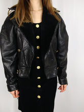 Load image into Gallery viewer, The Black Cub | Vintage real leather faux fur collar cropped lace up biker jacket S
