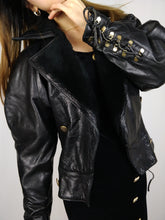Load image into Gallery viewer, The Black Cub | Vintage real leather faux fur collar cropped lace up biker jacket S
