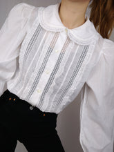 Load image into Gallery viewer, The White Dahlia | Vintage cottagecore embroidery cotton balloon sleeve blouse XS
