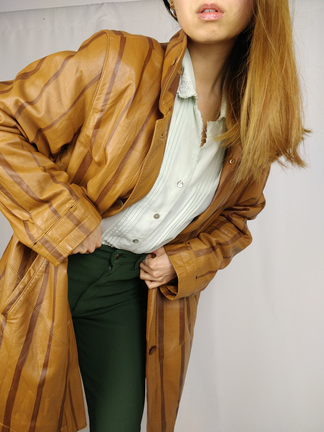 The Toffee Dream Leather Jacket | Vintage real leather brown stripe mid long jacket coat M