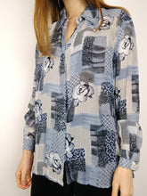 Load image into Gallery viewer, The Blue Print | Vintage pattern floral pattern blue grey blouse M
