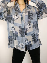 Load image into Gallery viewer, The Blue Print | Vintage pattern floral pattern blue grey blouse M
