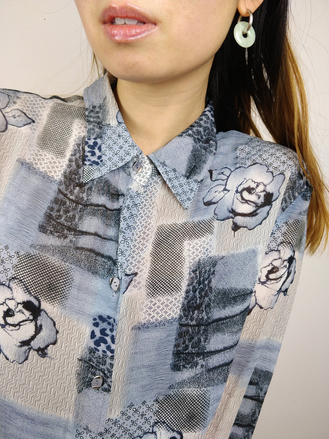 The Blue Print | Vintage pattern floral pattern blue grey blouse M