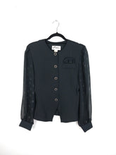 Load image into Gallery viewer, The Black Polka Sleeve Blouse | Vintage 80s black sheer polka dot blouse blazer jacket S
