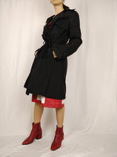 Load image into Gallery viewer, The Black Trench | Vintage black mid long trench coat jacket plaid tartan nova check S
