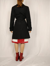Load image into Gallery viewer, The Black Trench | Vintage black mid long trench coat jacket plaid tartan nova check S
