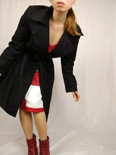 Load image into Gallery viewer, The Black Trench | Vintage black mid long trench coat jacket plaid tartan nova check S
