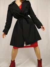 Load image into Gallery viewer, The Black Trench | Vintage black mid long trench coat jacket plaid tartan nova check S
