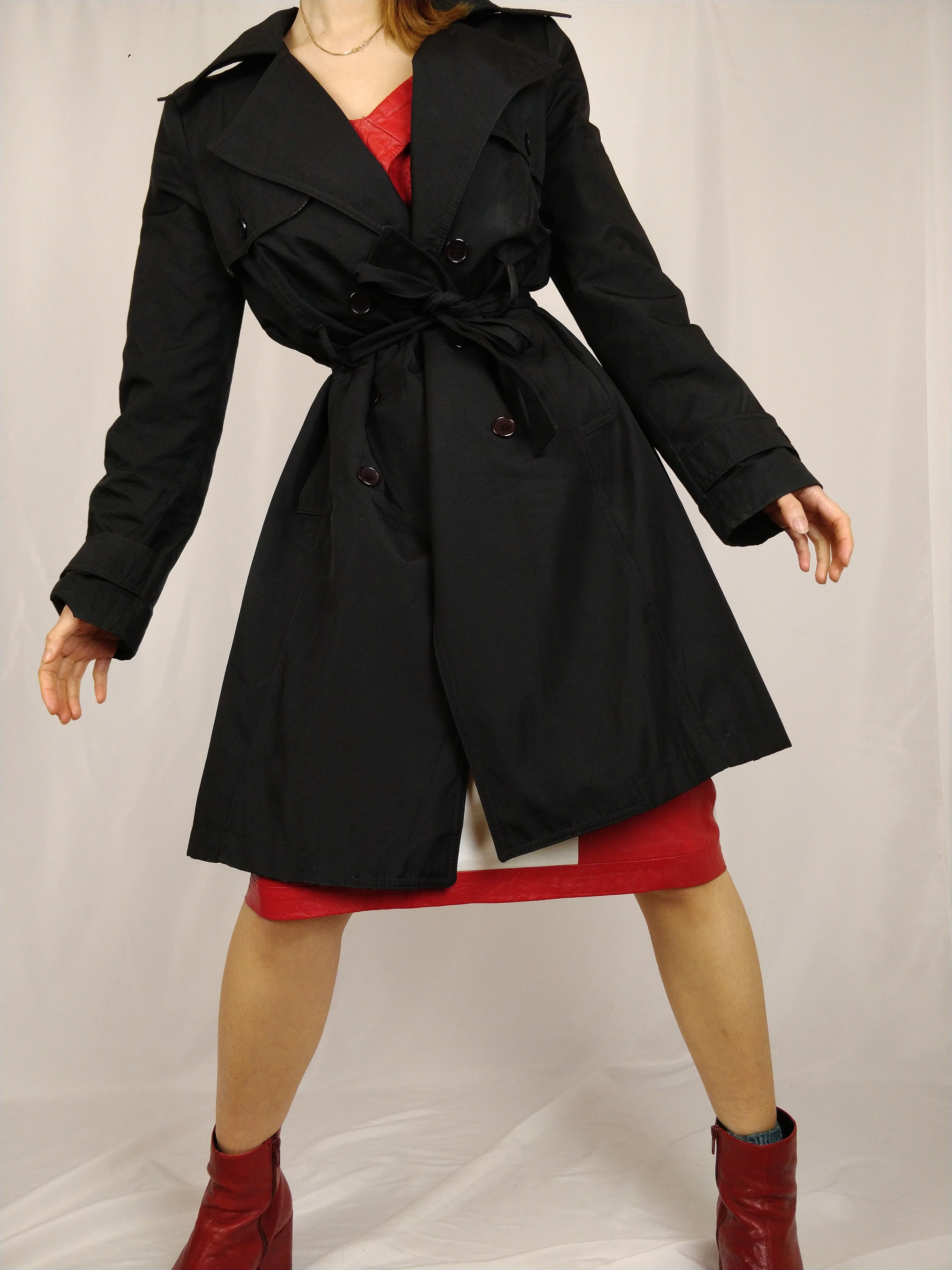 The Black Trench Vintage black mid long trench coat jacket plaid