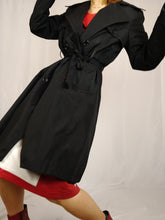 Load image into Gallery viewer, The Black Trench | Vintage black mid long trench coat jacket plaid tartan nova check S
