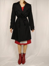 Load image into Gallery viewer, The Black Trench | Vintage black mid long trench coat jacket plaid tartan nova check S
