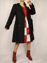 Load image into Gallery viewer, The Black Trench | Vintage black mid long trench coat jacket plaid tartan nova check S
