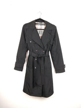 Load image into Gallery viewer, The Black Trench | Vintage black mid long trench coat jacket plaid tartan nova check S
