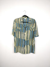 Load image into Gallery viewer, The Silk Stripe | Vintage silk abstract pattern green blue grey short sleeve blouse L
