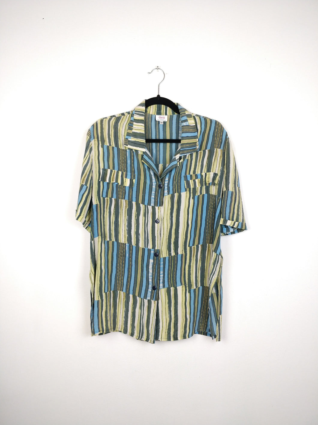 The Silk Stripe | Vintage silk abstract pattern green blue grey short sleeve blouse L