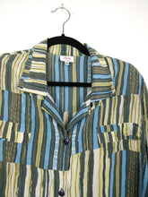 Load image into Gallery viewer, The Silk Stripe | Vintage silk abstract pattern green blue grey short sleeve blouse L
