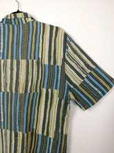 Load image into Gallery viewer, The Silk Stripe | Vintage silk abstract pattern green blue grey short sleeve blouse L
